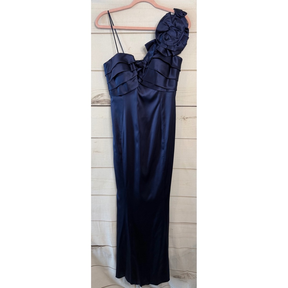 Marc Bouwer Glamit Navy Blue Silk Blend One Shoulder Rosette Gown Dress Size 4